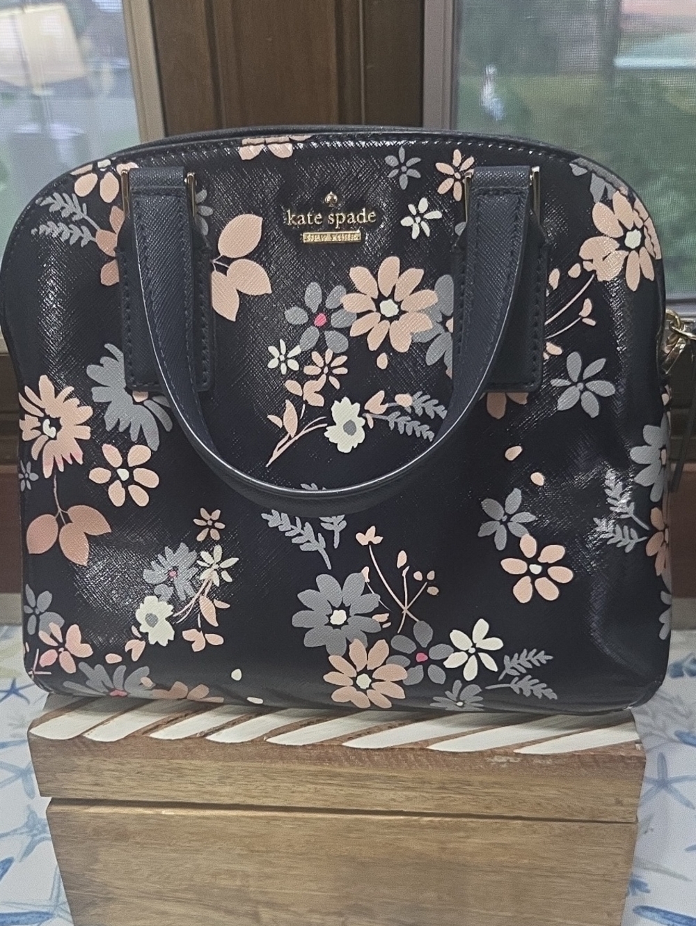kate spade Black Floral Dome Satchel with Pink and Gray Flowers